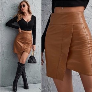 NWOT- Asymmetrical Vegan Leather Skirt- TAN